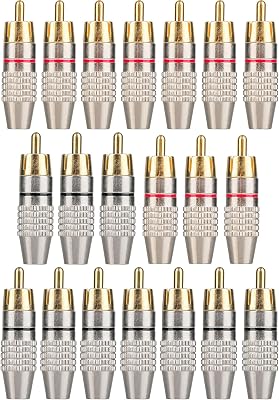 Elechood 20Pack RCA Male Plug Solder, Gold Audio Video Cable Adapter Connector for Speaker Wire Wall Plate Home Theater Audio Video Receiver Amplifiers and Sound Systems