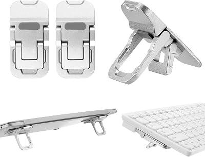 Bewudy 2 Pcs Portable Keyboard Riser With Dual Tilt Angle Adjustment, Foldable Laptop Stand, Mini Computer Stand for Desk, Self-Adhesive Feet for Most Keyboards (Silver)
