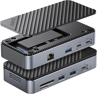 ORICO 9-in-1 USB C Hub with M.2 NVMe SSD Enclosure 10Gbps, Tool Free Hub Docking Station with Built-in Fan, Gigabit Ethernet, 100W PD, SD/TF, Type C & USB A for Laptop MacBook