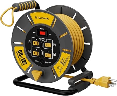 60 FT Retractable Extension Cord Reel, 14AWG SJTOW Heavy Duty Power Cord with 4 Grounded Outlets, USB-A & USB-C Ports, 13A Circuit Breaker, Hand Crank for Indoor Outdoor Use, ETL Listed, Yellow