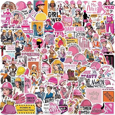 100Pcs Women in Construction Stickers, Pink Hard Hat Girl Power Decals