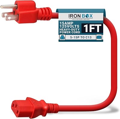 IronBox Electric - Heavy-Duty 5-15P to C13 Power Cord - 3 Prong 15A 125V 14/3 SJT PC Cable - Cord for Computer, Monitor, Subwoofer, Amplifier - Cable for Power Supply - (Red 1 Foot)