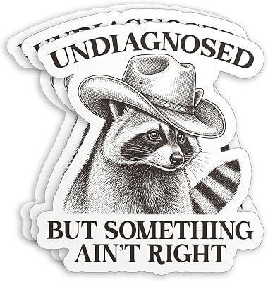 (3Pcs) Undiagnosed But Something Ain’t Right Stickers 2" Funny Raccoon Cowboy Mental Health Humor Waterproof Die-Cut Vinyl Sticker Decal for Laptop Water Bottle Hard Hat Decals Birthday Gifts 2 Inches