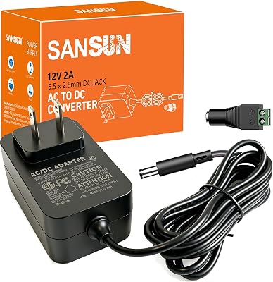 [ETL Listed] 12V 2A Power Supply Adapter, SANSUN AC120V to DC12V 5.5x2.5mm Jack Converter, 12Volt 2Amp 24W Adapter Transformer for LED Strip Lights, Surveillance Cameras, External HDD, Monitor, CCTV