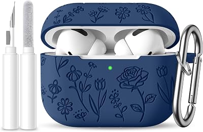 for AirPods Pro 2nd/1st Case with Cleaner Kit,Cute Rose Flower Engraved Soft Silicone Protective Compatible with Apple AirPods Pro 2/Airpod Pro Cover with Keychain,Front LED Visible,Darkblue