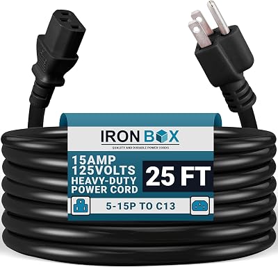 IronBox Electric 5-15P to C13 Power Cord - 15A, 125V, 14/3 SJT - Power Supply Extension Cable - Heavy Duty Plug & Connector for Computer, Monitor, Subwoofer, Printer, Speaker & More (Black, 25 Foot)