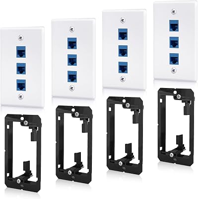 4 Pack 3-Port Cat6 Ethernet Wall Plate with Low Voltage Mounting Bracket