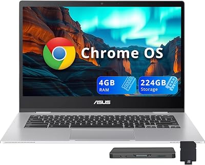 ASUS Chromebook CX1 14" FHD Anti-Glare Laptop, Intel Celeron N4500, 4GB RAM, 224GB Storage (64GB eMMC+160GB Docking Station Set), Intel UHD Graphics, WiFi 6, Long Battery Life, Chrome OS, Silver