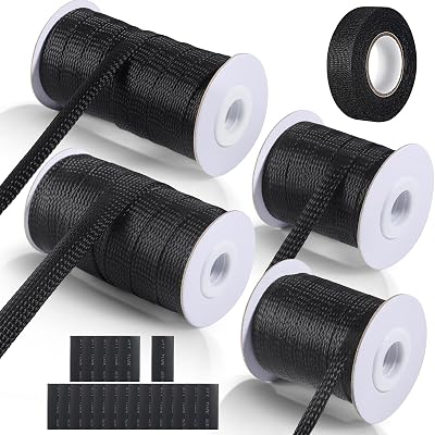 25ft – 1/2 inch Expandable Braided Cable Sleeve Wire Loom PET Wire Sleeving，Wrap Management Mesh for Audio Video and Other Home Device Cable Automotive Wire - Black