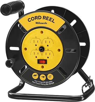 WILAWELS Extension Cord Storage Reel with 4-Grounded Outlets, 15A Circuit Breaker, Heavy Duty Open Cord Reel for 12/3,14/3,16/3 Gauge Power Cord, Hand Wind Retractable, ETL Listed, Yellow Y95CR06
