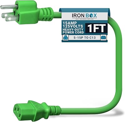 IronBox Electric - Heavy-Duty 5-15P to C13 Power Cord - 3 Prong 15A 125V 14/3 SJT PC Cable - Cord for Computer, Monitor, Subwoofer, Amplifier - Cable for Power Supply - (Green 1 Foot)