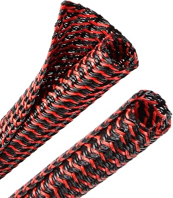 YOUBO 10ft PET Braided Cable Sleeve 3/4 inch(19mm) Wire Protector Cable wrap Wire Covers for Cords Cable Sleeves Cord Management Cable Management Sleeve(Red Black)