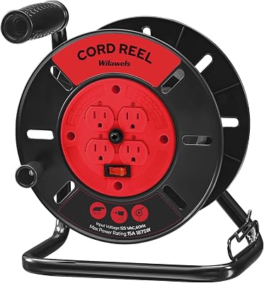 WILAWELS Extension Cord Storage Reel with 4-Grounded Outlets, 15A Circuit Breaker, Heavy Duty Open Cord Reel for 12/3,14/3,16/3 Gauge Power Cord, Hand Wind Retractable, ETL Listed, Red R95CR06