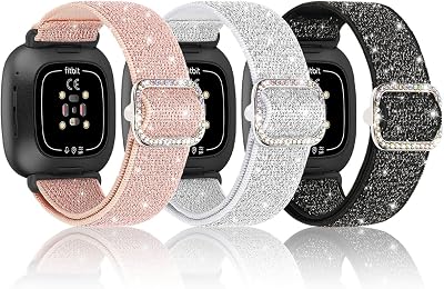 Stretchy Nylon Bands Compatible with Fitbit Versa 3/4 and Sense/Sense 2 Watch Bands, Adjustable Stretchy Bling Wristbands for Women (Black+Pink+Silverwhite)