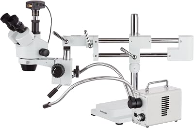 AmScope 3.5X-90X Zoom Stereo Trinocular Microscope on Dual-Arm Boom Stand with Dual-Fiber-Optic LED Illuminator + 18MP USB3.0 Camera