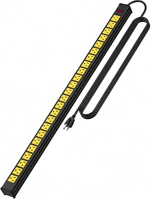 24 Outlet Long Power Strip,Heavy Duty Metal Socket Power Strip,Aluminum with 15-Foot Extension Power Cord,ETL Certified for Home, Office, Garage and Workshop Black and Yellow