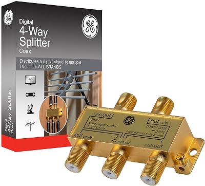 GE Digital 4-Way Coaxial Cable Splitter, 2.5 GHz 5-2500 MHz, RG6 Compatible