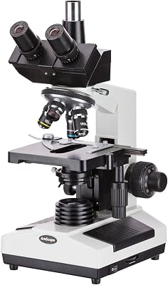 AmScope T390A Professional Compound Trinocular Microscope, 40X-1600X Magnification, WF10x and P16x Eyepieces, Brightfield, Halogen Illumination, Abbe Condenser, Double-Layer Mechanical Stage, 110V-220V Auto-Switching