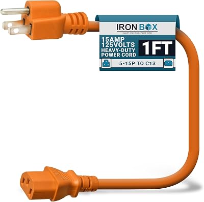 IronBox Electric - Heavy-Duty 5-15P to C13 Power Cord - 3 Prong 15A 125V 14/3 SJT PC Cable - Cord for Computer, Monitor, Subwoofer, Amplifier - Cable for Power Supply - (Orange 1 Foot)