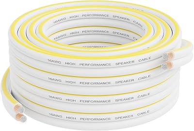 Mygatti 12AWG Speaker Wire 50 FT, 12/2 Gauge Audio Speaker Wire, for Car Speakers Stereo, Home Theater, Automotive Wire, White Jacket with Yellow Polarity Marker, CCA, 2 Conductors Electrical Wire