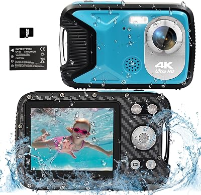 YEEIN 4K 16FT Underwater Camera, 48MP Waterproof Digital Camera with 32GB Card, Compact 18X Zoom Waterproof Camera for Snorkeling Swimming Vacation, Blue