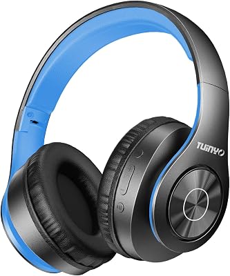 TUINYO Bluetooth Headphones Wireless, Over Ear Stereo Wireless Headset 40H Playtime with deep bass, Soft Memory-Protein Earmuffs, Built-in Mic Wired Mode PC/Cell Phones/TV-Black/Blue …