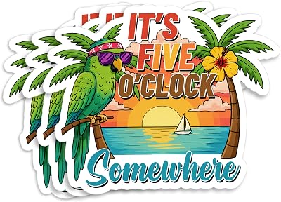 (3Pcs-2") It's Five O'clock Somewhere Parrot Stickers Tropical Sunset Beach Vacation Trip Waterproof Die-Cut Vinyl Sticker for Laptop Water Bottle Decal Funny Birthday Gift for Her Him 2 Inches
