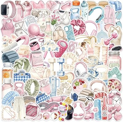 100Pcs Girly Pink Workout Lifestyle Vinyl Stickers, Watercolor Fitness Aesthetic Decals for Water Bottle Tumbler Laptop Luggage Phone Journal Scrapbooking, DIY Craft Decor Gifts for Kids Teens Adults