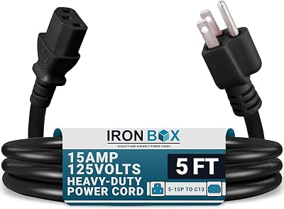 IronBox Electric - Heavy-Duty 5-15P to C13 Power Cord - 3 Prong 15A 125V 14/3 SJT PC Cable - Cord for Computer, Monitor, Subwoofer, Amplifier - Cable for Power Supply - (Black 5 Foot)