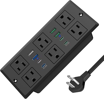 Recessed Power Strip with 45W USB C, Furniture Desk Flush Mount Outlet, Ultra Thin Flat Plug Power Strip, 6 Outlets & 8 USB Ports, 3FT Cord (Black)
