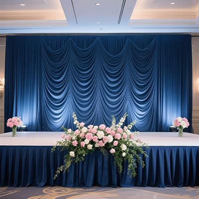 Efavormart Portable Stage Skirting Polyester Shirred Pleat Stage Cover for Wedding Platform Navy Blue - 24" x20ft