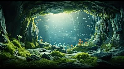 Underwater Cave Aquarium Background Under The Sea World Large Rock Fish Tank Background Aquatic Plant Lush Green Moss Reptile Tank Backgrounds Cave Landscape Reptile Enclosure Background 36x24in
