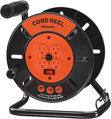 WILAWELS Extension Cord Storage Reel with 4-Grounded Outlets, Heavy Duty Open Cord Reel for 12/3,14/3,16/3 Gauge Power Cord, Hand Wind Retractable, 15A Circuit Breaker, ETL Listed, Orange G95CR06