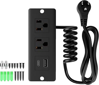 Drawer Outlet Kit, Recessed Furniture Power Strip, PD 20W Fast Charging Horizontal Outlet, Clutter-Free Drawer Socket with 2 USB(A & C) and 2 12 Amp AC Ports, 7.2 FT Power Cord, Spring Cable