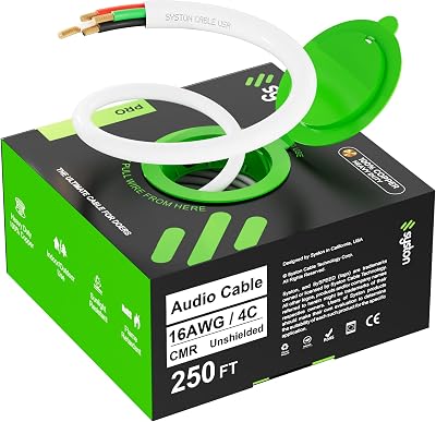 SYSTON 16/4 Speaker Audio Cable Wire Bulk, 16AWG 4C Strand OFC - Oxygen Free Copper Conductors, CMR Riser-Rated Indoor/Outdoor UV Resistant RoHS Compliant for Home Theater Car Speakers, White 250 FT