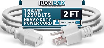 IronBox Electric - Heavy-Duty 5-15P to C13 Power Cord - 3 Prong 15A 125V 14/3 SJT PC Cable - Cord for Computer, Monitor, Subwoofer, Amplifier - Cable for Power Supply - (White 2 Foot)