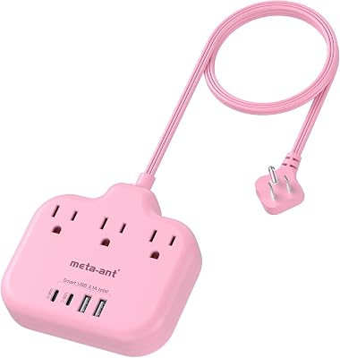 Pink Extension Cord with 3 AC Outlets & 4 USB Ports (2 USB-C), Pink Desk Accessories, 1625W Cute Extension Cord for Travel Curise Kawaii Desk Office Bedroom Accessories
