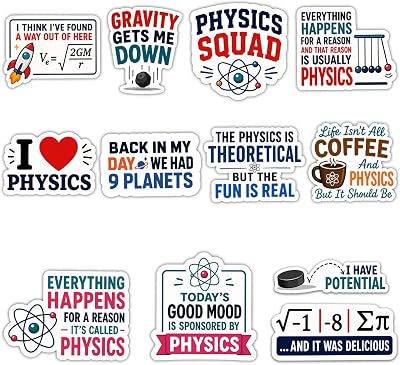 (12pcs-3in) Physics Sticker Pack Science Nerd Funny Quote Stickers Decals