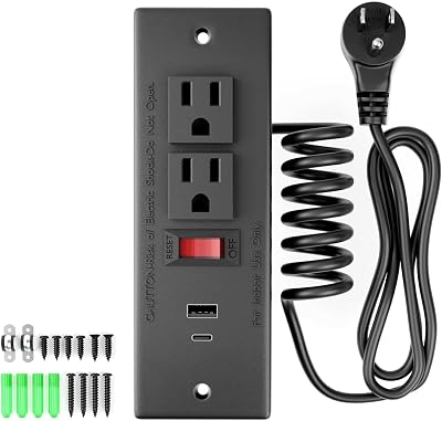 Drawer Outlet Kit, Recessed Furniture Power Strip with Overload Protection Switch, PD 20W Fast Charging, Clutter-Free Drawer Socket with 4 Power Outlets, 7.2 FT Power Cord, Spring Cable, UL Listed
