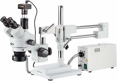 AmScope SM-4TPZ-FOR-3M Digital Professional Trinocular Stereo Zoom Microscope with Simultaneous Focus Control, WH10x Eyepieces, 3.5X-90X Magnification, 0.7X-4.5X Zoom Objective, Fiber-Optic Ring Light, Double-Arm Boom Stand, 110V-120V, Includes 0.5X and 2.0X Barlow Lenses and 3MP Camera with Reduction Lens and Software
