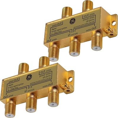 GE Digital 4-Way Coaxial Cable Splitter, 2.5 GHz 5-2500 MHz, RG6 Compatible, HD TV, Satellite, High Speed Internet, Amplifier, Antenna, Gold Plated Connectors, Corrosion Resistant, 2 Pack 73759