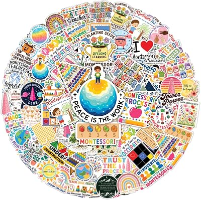 64PCS Montessori Stickers - Preschool Homeschool Learning Waterproof Vinyl Decals for Water Bottle Laptop Tumbler Phone Journal Scrapbook Teachers Classroom Educational