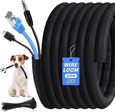 15ft - 1/2in Split Braided Sleeve Cable Management, Self-Wrapping