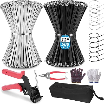 500PCS Metal Zip Ties Gun Kit, 12 Inch Heavy Duty Metal Zip Ties, Multi-Purpose Self-Locking Cable Tie Tool Set for Vehicles Farms Plants Fences Pipe Bundling, Scissors(Silver Black)
