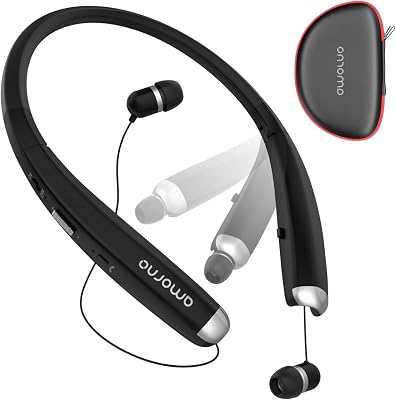AMORNO Foldable Bluetooth Headphones, Wireless Neckband Sports Headset with Retractable Earbuds, Sweatproof Noise Cancelling Stereo Earphones with Mic