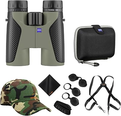Zeiss 8x42 Terra ED Binoculars for Bird Watching (Velvet Green/Grey) with Waith Binocular Comfort Carrying Harness Strap, Adjustable Camo Hat & Waith Microfiber Lens Cleaning Cloth (Bundle Set)
