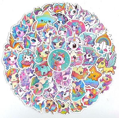 Ychsring Unicorn Stickers - 50 Pcs Waterproof Vinyl Cute Stickers for Water Bottle, Scrapbook, Laptop, Journal - Cartoon for Girls, Kids