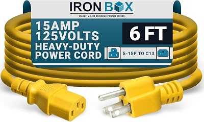 IronBox Electric - Heavy-Duty 5-15P to C13 Power Cord - 3 Prong 15A 125V 14/3 SJT PC Cable - Cord for Computer, Monitor, Subwoofer, Amplifier - Cable for Power Supply - (Yellow 6 Foot)