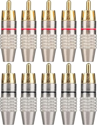 Elechood 10Pack RCA Male Plug Solder, Gold Audio Video Cable Adapter Connector for Speaker Wire Wall Plate Home Theater Audio Video Receiver Amplifiers and Sound Systems