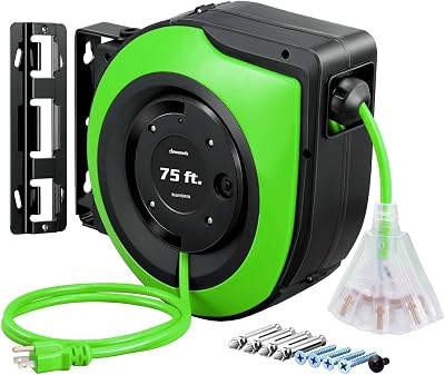 DEWENWILS 75FT Extension Cord Reel，10A Circuit Breaker, UL Listed, Green